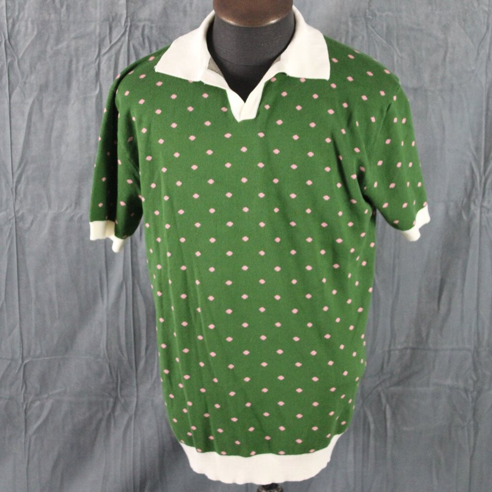 Polo Shirt - Button Down by Ox Knit 3 Greein with Pink Dots - Men's 2XL